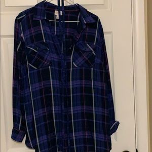 Blue purple plaid midway button down maternity top